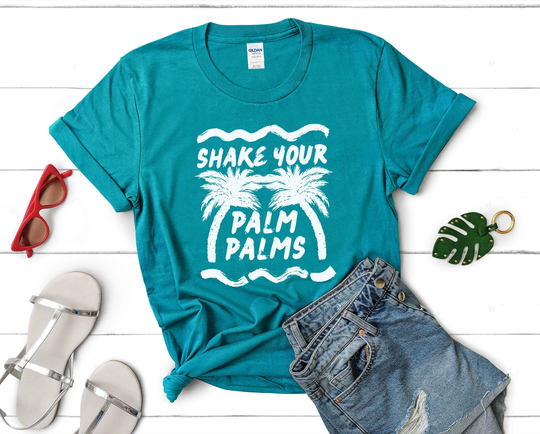 Shake Your Palm Palms T-Shirt - Unisex Sizing Tree Pun Shirt Somewhere On A Beach Bright Blue Tropical Vacation Tshirt