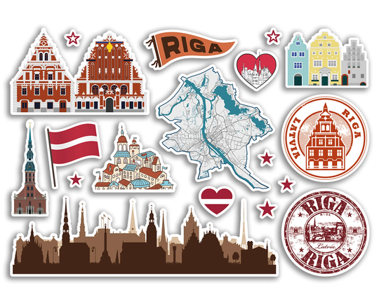 A5 Sticker Sheet Riga Landmarks Vinyl Stickers - Latvia City Airport Stamps Skyline Flag Map Travel Holiday Scrapbook Aesthetic Gift #79144