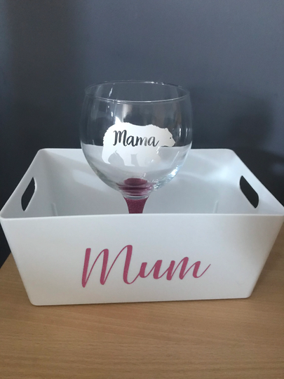Mums Gift Set Medium Size Wham Storage Box & Mama Bear Gin Glass Pink Glitter Stem Or Plain Personalised Easter