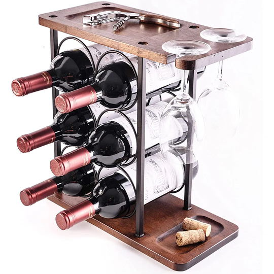 Sitkin 6 Bottle Tabletop Wine Bottle & Glass Rack in Brown