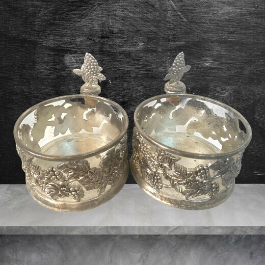 2 Vintage Ornate Metal Wine Champagne Bottle Holders Coasters with Stoppers