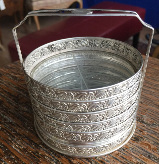 Antique Sterling Art Nouveau Webster Wine Glass 6 Pc Coaster Set W Caddy 219.4G/Sterling Caddy/Sterling Coaters/ Wedding Gift/ Good Gift