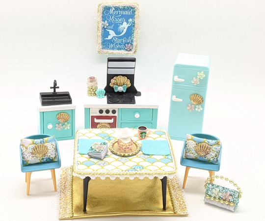 Mermaid Wood Dollhouse Furniture, Kitchen Set, Doll Kitchen, Miniatures, Kids Furniture Gift Set