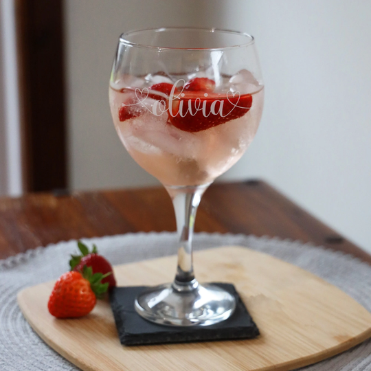 Engraved Personalised Gin Glass With Heart Design | Laser Cut Balloon Birthday Gifts For Her Name On