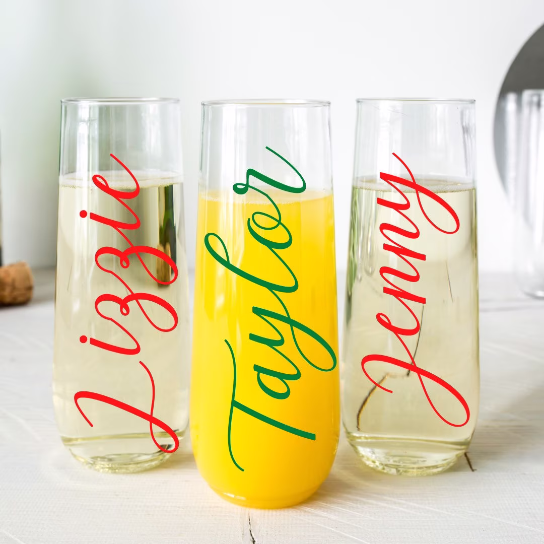 Christmas Party Champagne Flutes Personalized, Holiday Flutes, Personalized Stemless Favors