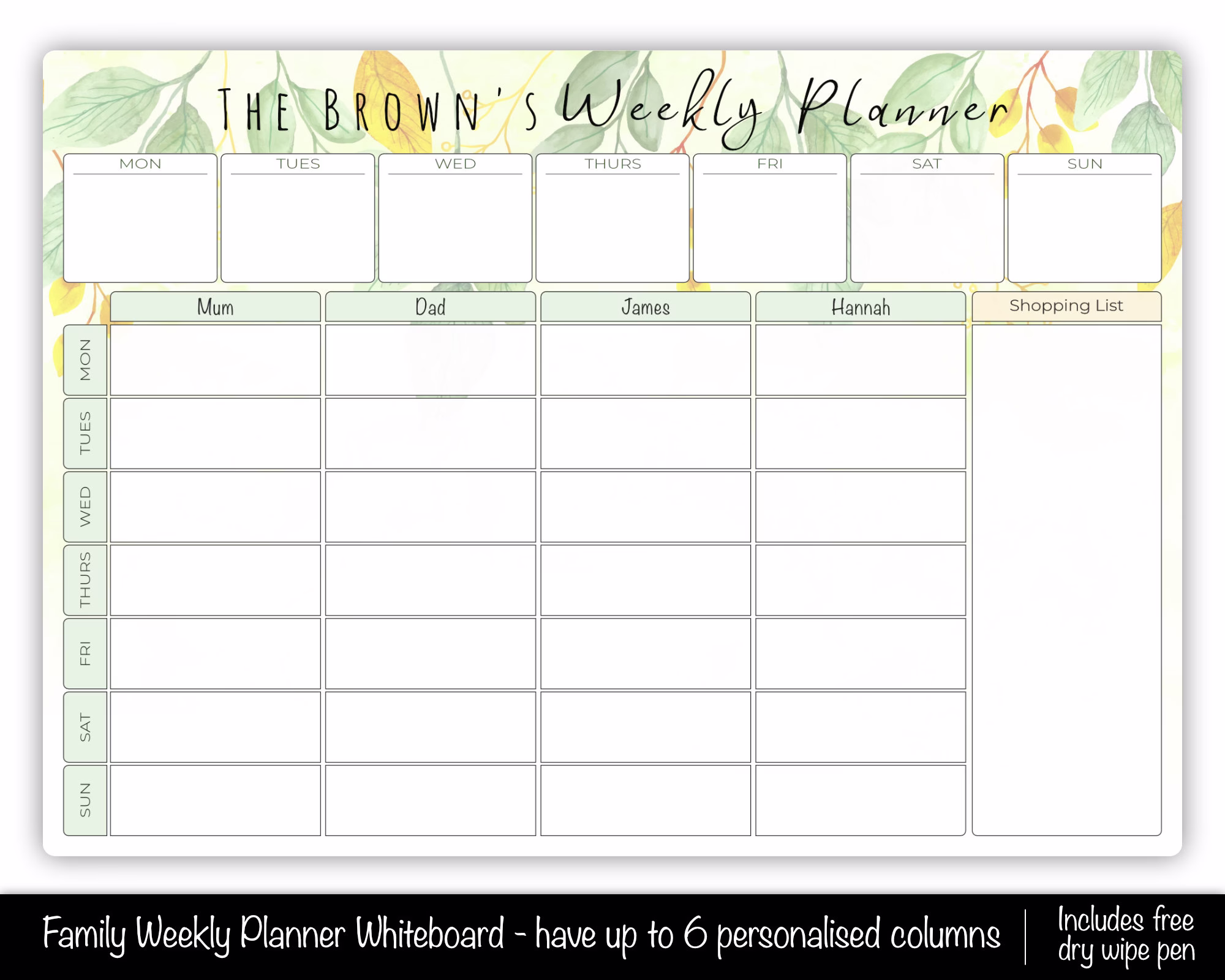 A3 Weekly Family Planner Dry Wipe Wall Whiteboard Organiser, Meal Planner, Personalised Erase White Board Command Centre, Week Planning