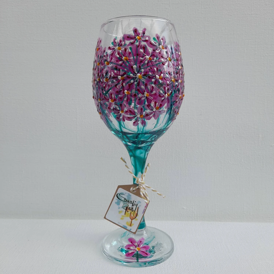 The Arty Agapanthus Pink, Hand Painted Wine Glass | Can Personalised For Free Unique, Perfect Gift Painted To Order Her Him