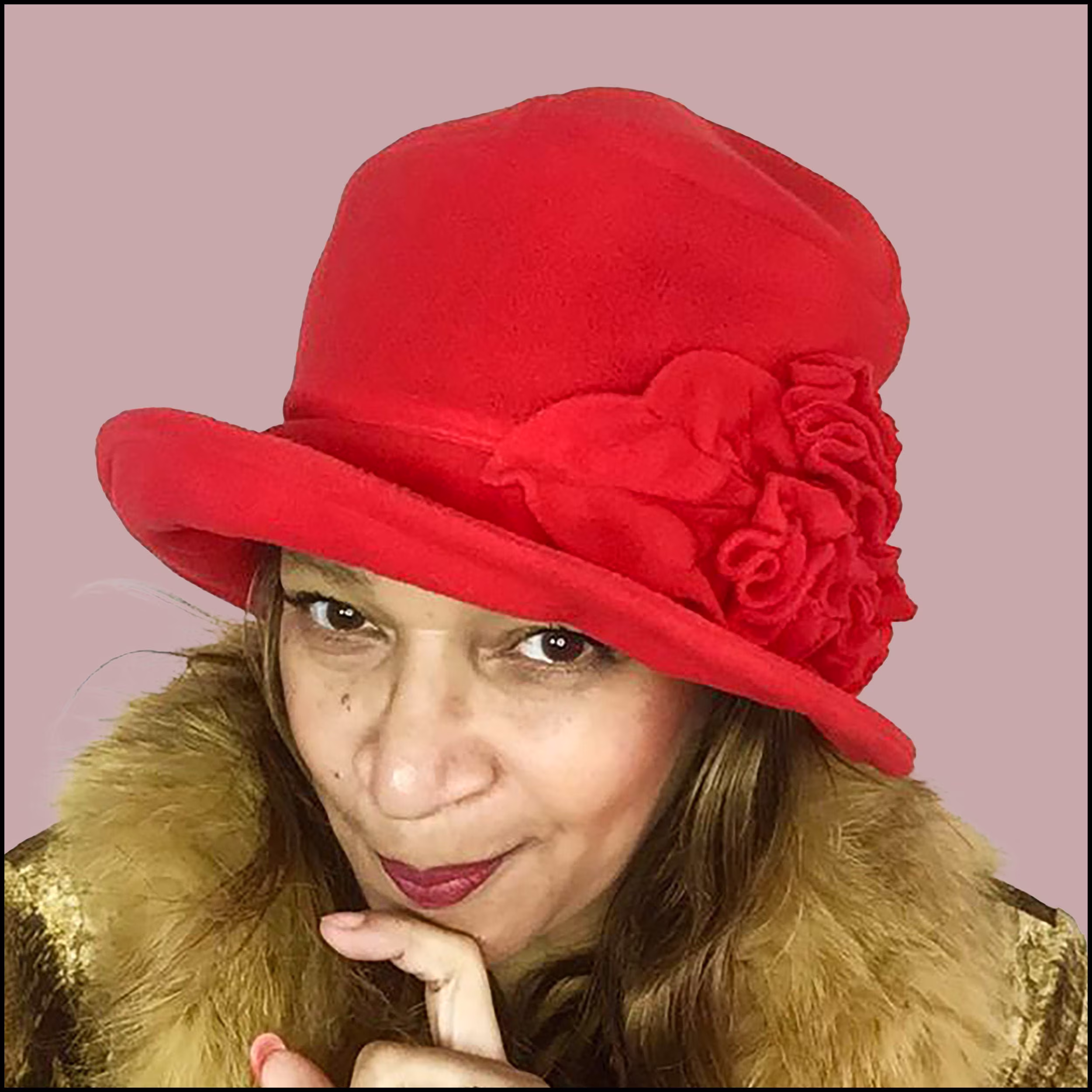 Bright Red Polar Fleece Winter Hat For Women - Cosy, Warm & Rainproof Too Vintage 1920S Cloche Style With Flower Trim, One Size Fits All