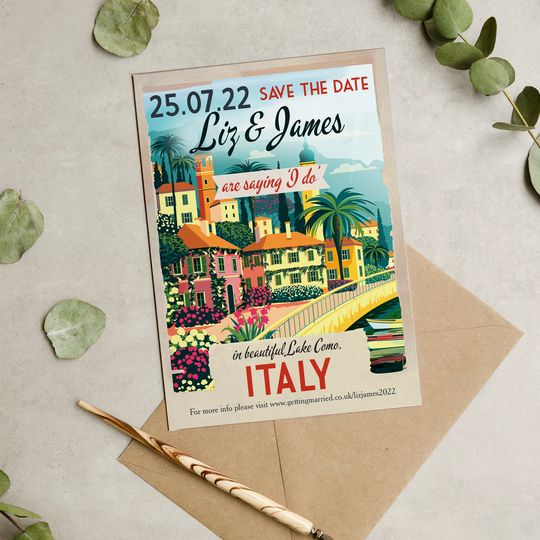 Italy Town Harbour Vintage Destination Postcard Wedding Save The Date Cards & Envelopes