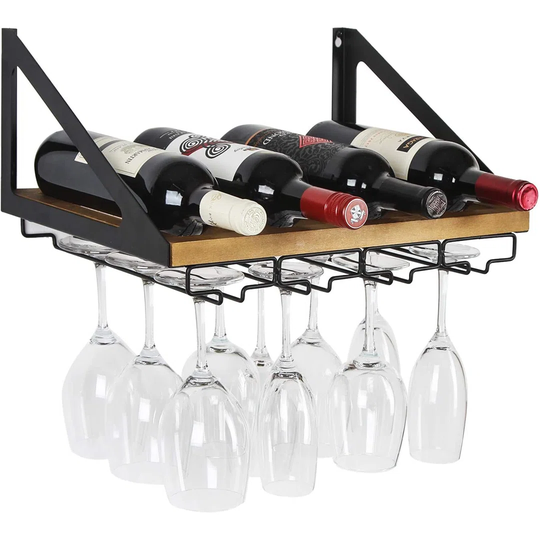 Rustic Wood Wall Mount Wine Rack With 4 Metal Wire Glass Holder Home Kitchen Dcor Storage Rack