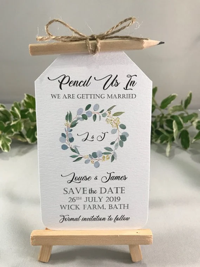 Save The Date Vintage/Rustic Greenery Wedding, Eucalyptus, Pencil Us in Wedding Tags, Pencil, Twine, Envelope, Fridge Magnet