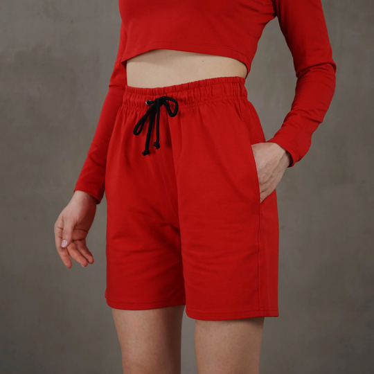 Red Women Shorts, Cotton Board Ladies Casual Shorts