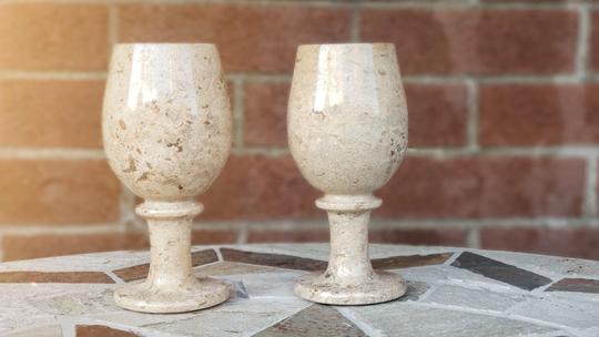 Two Wine Glass Set/Unique Wineglass Stone Cup Natural Fossil Marble 3 X 6 Inches