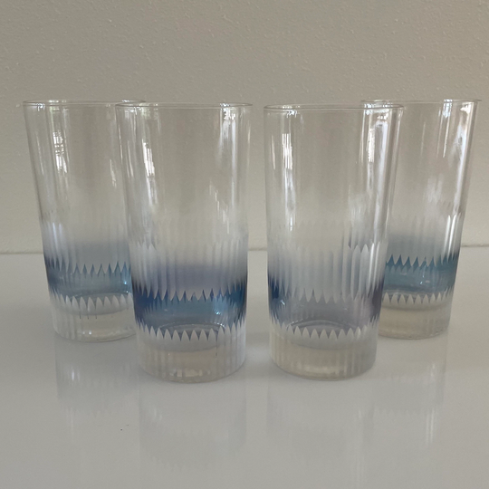 Vintage Cocktail Glasses With Iridescent Blue Luster & Etched Frosted Pattern | Set Of 4 Tumbler Highball Drinkware Mid Century Modern