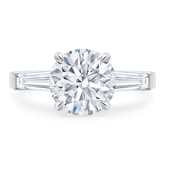 2.20 Ct Round Brilliant Cut Colorless Moissanite Ring, Side Tapered Baguette Three Stone Engagement Claw Prongs, White Gold Ring
