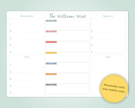 Large Personalised Dry Wipe A3 Whiteboard Weekly Family Organiser/Planner
