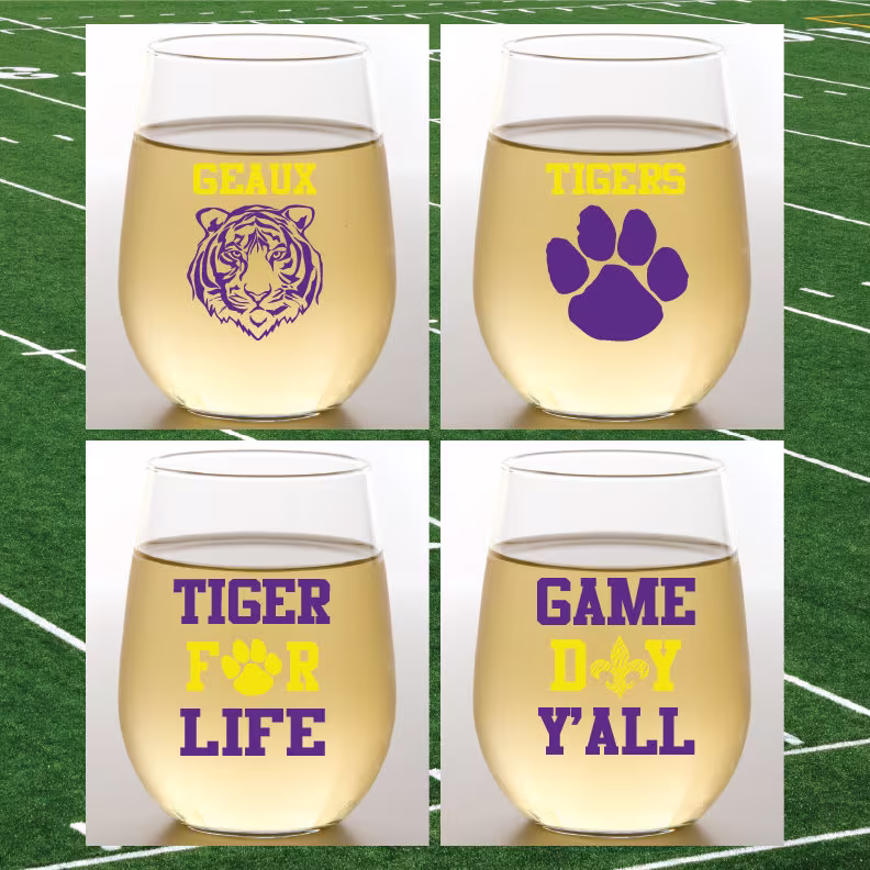 Louisiana Tigers 4-Pack Wine-Oh Designer Shatterproof Plastic 16 Oz. Stemless Wine Glasses