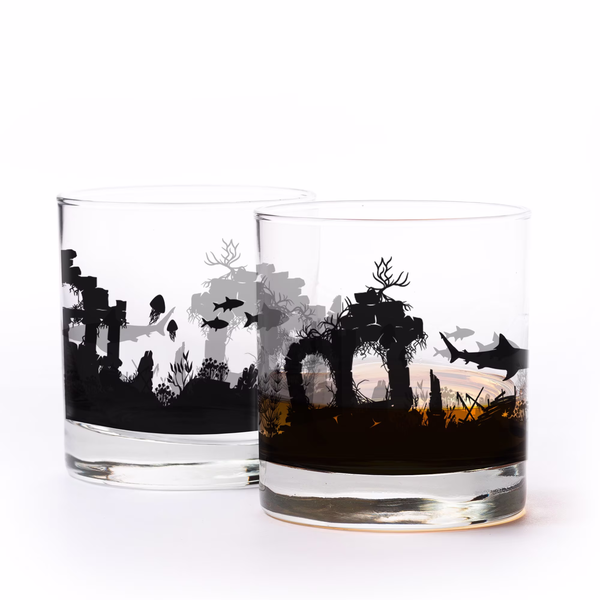 Ocean Glasses - Underwater Landscape Whiskey Beach House Decor Gift For Women Set Of Two