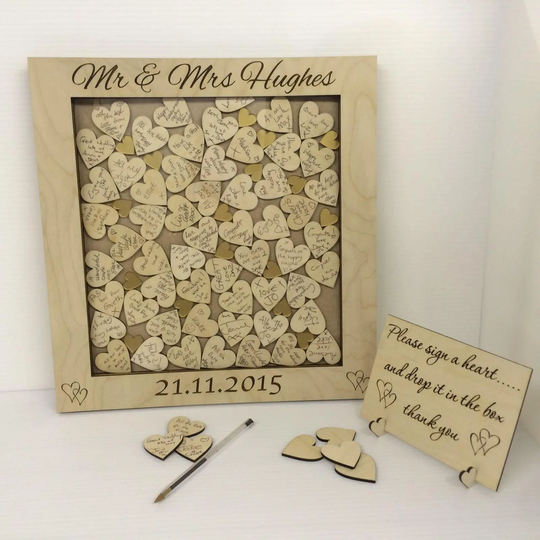 Personalised Birch Plywood Gold Hearts Drop Box Wedding Guest Book Rustic Vintage Guestbook Alternative Wooden Dropbox Gift
