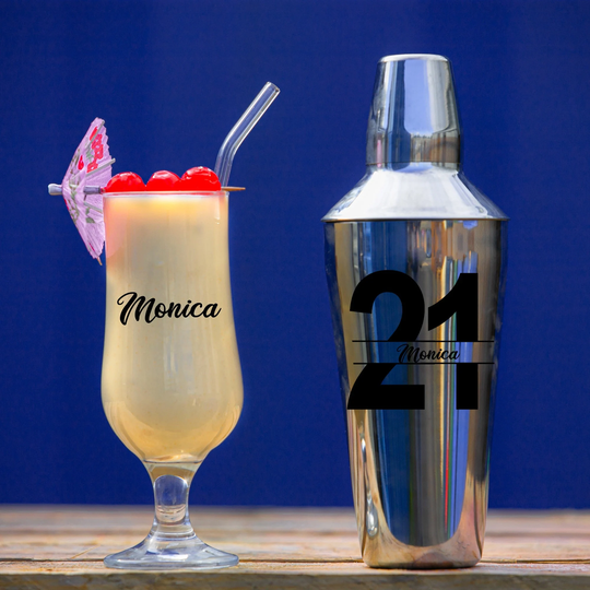 Personalised 21St Birthday Cocktail Shaker & Pina Colada Glass Gift Set | Twenty First Bday Mixer Strainer Home Bar