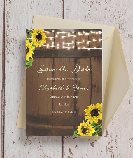 Rustic Barrel & Sunflowers Wedding Save The Date Cards & Envelopes