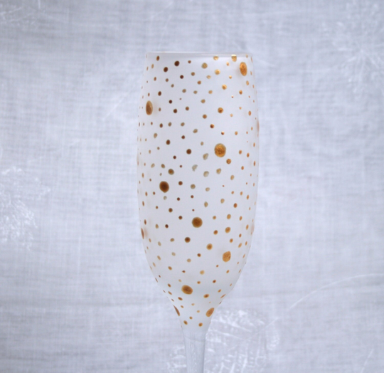 Dotty About You Gold. Exclusive Design, Hand Painted Champagne Glass With Metallic Golden Dots & Spots Encircling An Etched Bowl