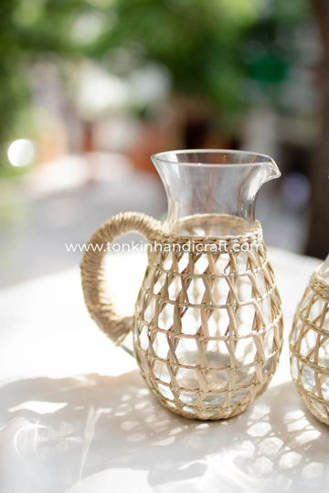Hand Blow Glass Pitcher, Seagrass-Wrapped Small Milk Jug, Handmade Pitcher Woven Seagrass Wrapped Glassware Housewarming Gift