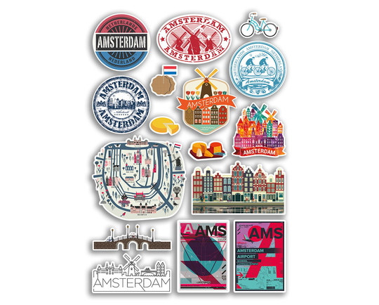 A4 Sticker Sheet Amsterdam Landmarks Vinyl Stickers - Netherlands Holland Stamp Flag Travel Holiday Culture Scrapbook Luggage Gift #78876