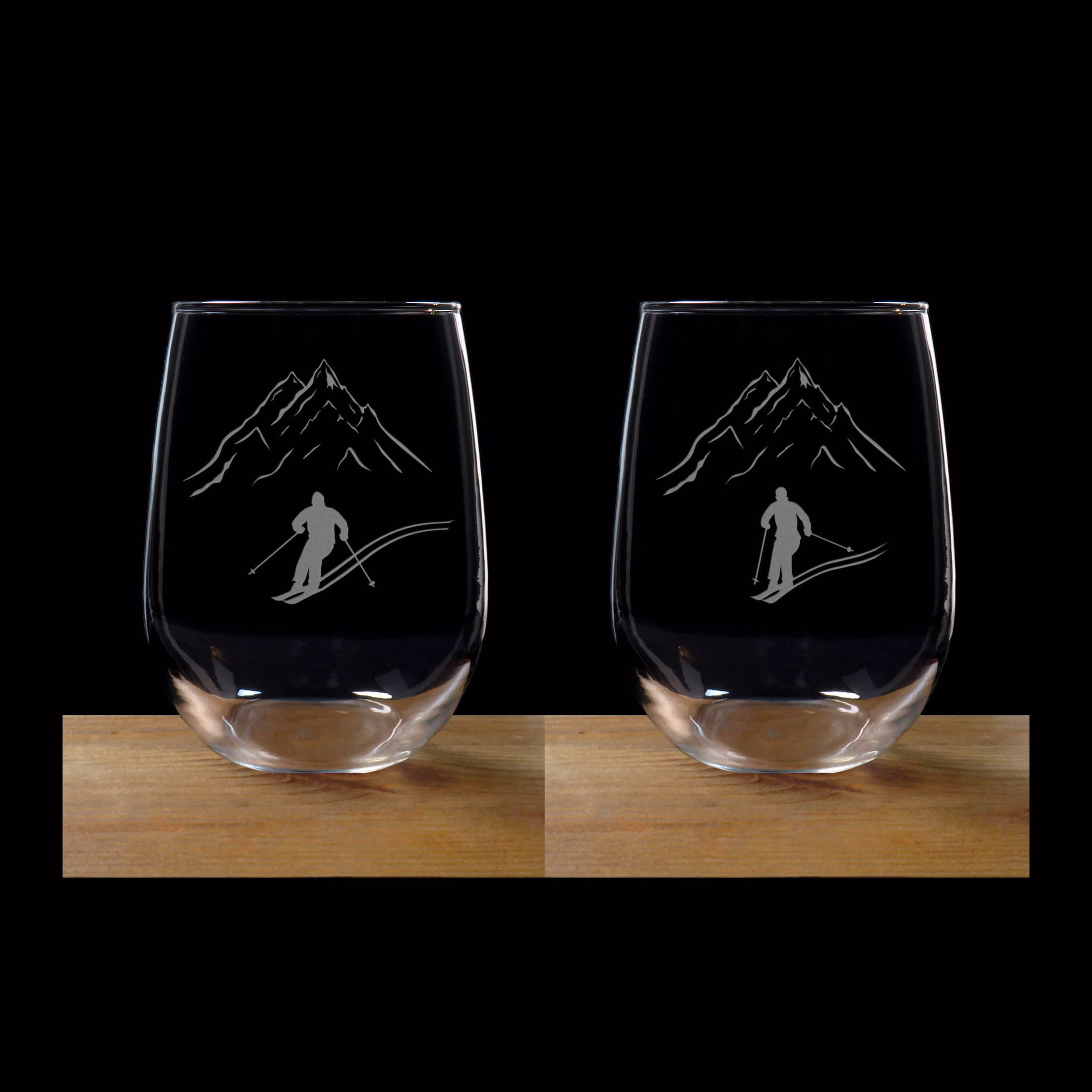 Skier Couple - Engraved 17Oz Stemless Wine Glasses Set Of 2 Free Personalization Skiing Personalized Gift