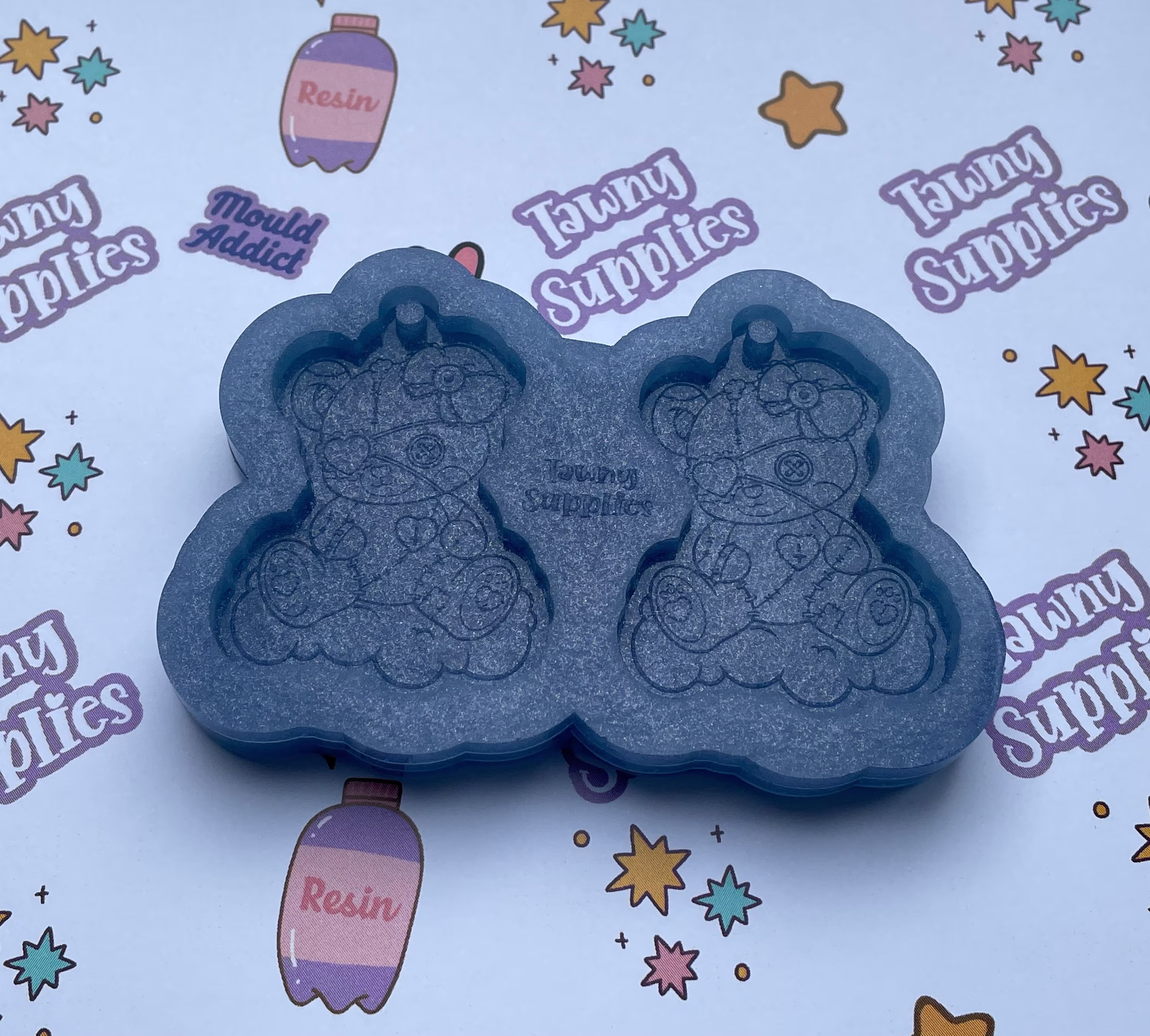 Patchwork Teddy Earring Mould, Yami Kawaii Resin Mold, Craft, 3mm Thick