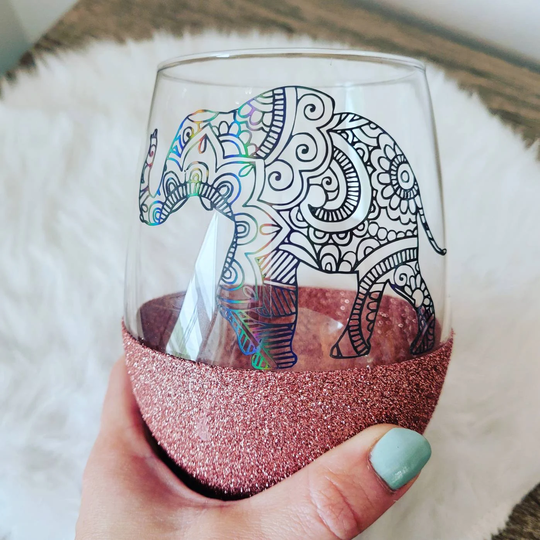 Elephant Wine Glass - Mandala Elephant - Stemless Glitter Tumbler - Animal Art-Wine Gift