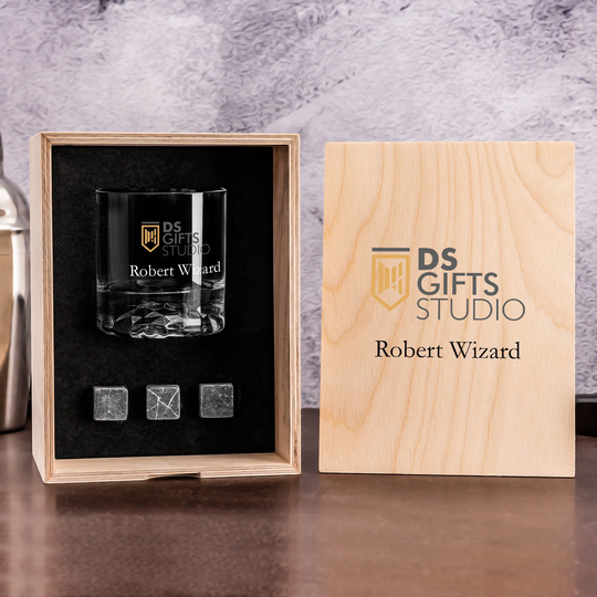 Logo Custom Whiskey Glasses As Coworker Christmas Gift. Engraved Glass & Whisky Stones Set For Corporate Gifts Christmas