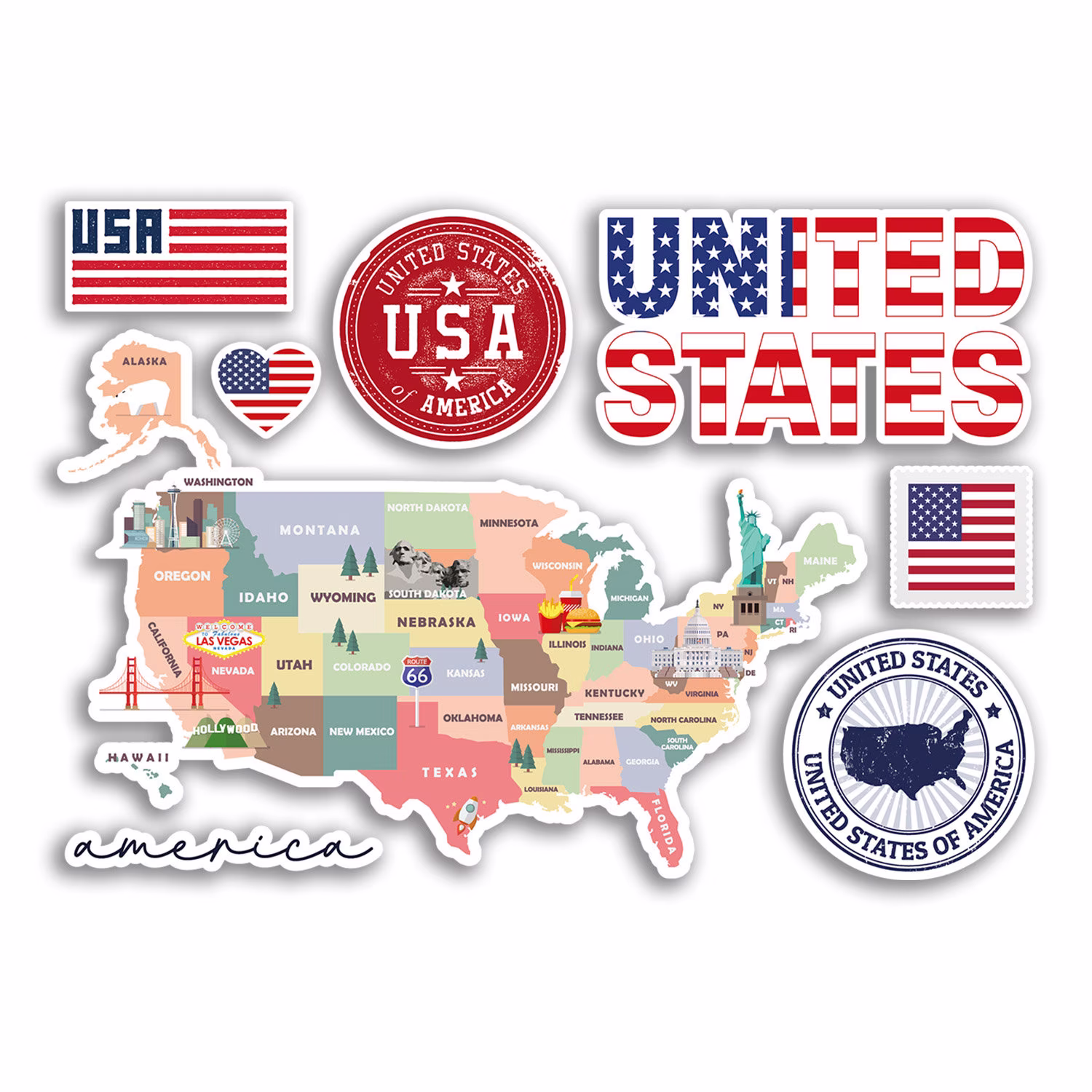 A5 Sticker Sheet United States Landmarks Vinyl Stickers - Usa Map Airport Stamps Skyline Flag Travel Holiday Culture City Aesthetic #78475