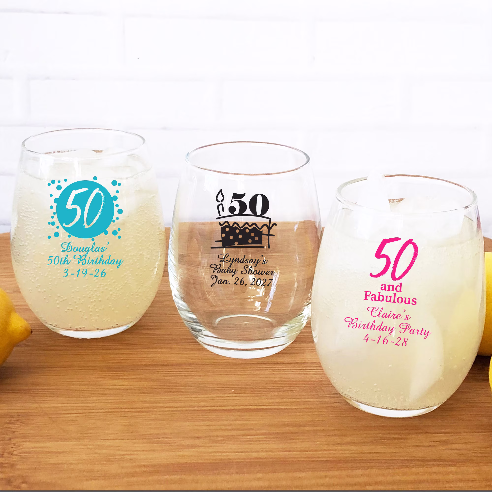 Printed 24 Pieces Fifty & Fabulous , Fiftieth Birthday Personalized Stemless Wine Glass Favors - 50Th {Item# 725}