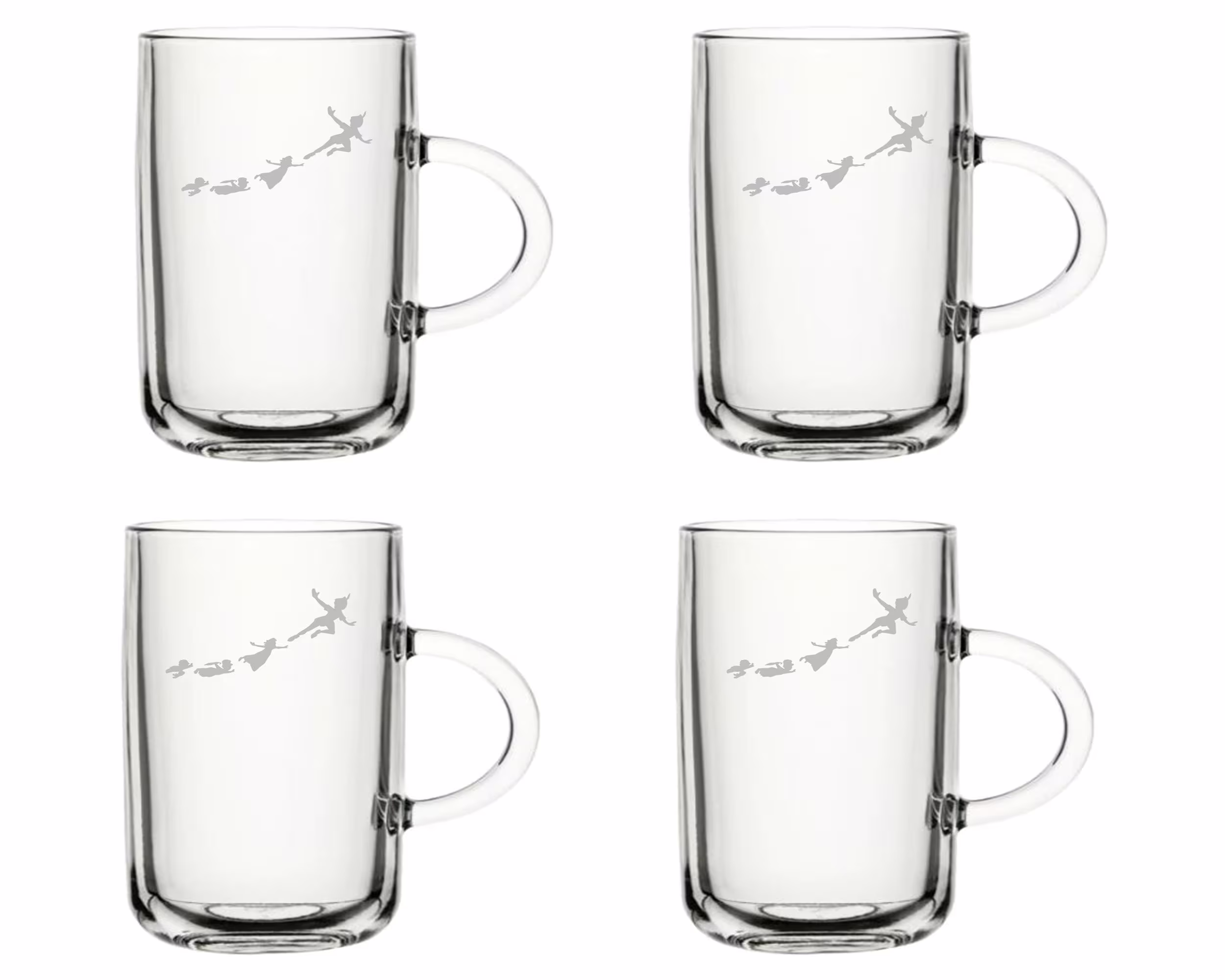 Peter Pan Set Of 4 Tea Glasses Mug Coffee Glass - Hand Etched Glass.61