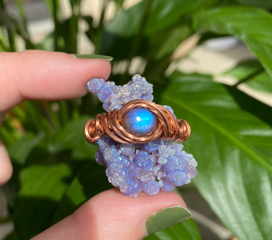 Size 13.75, Blue Labradorite Wire Wrapped Ring in Solid Copper