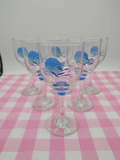 1970's Panache Seagull Design Wine Glasses X6