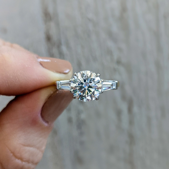3 Stone Round Baguette Diamond Engagement Ring Courtney - 2.65 Carat Total Weight. Two Tone in Platinum & Solid Gold