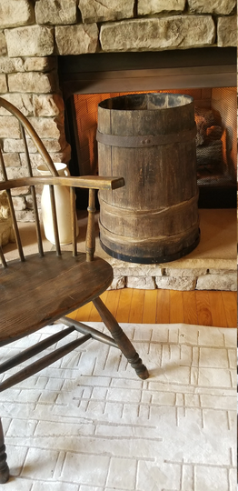 1800S American Primitive Oak Wooden Stave Finger Lapped Barrel Natural Patina Large Plank Wrapped Wood Rings