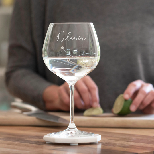 Swarovski Crystal Gin Glass, Glitz & Tonic Copa, Handmade Engraved Glass With Crystals, Boxed