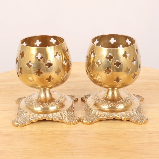2 Candle Holders || Vintage Solid Brass Lace Cut Design Set Of Two Wine/Cognac Glass Shape Candlestick