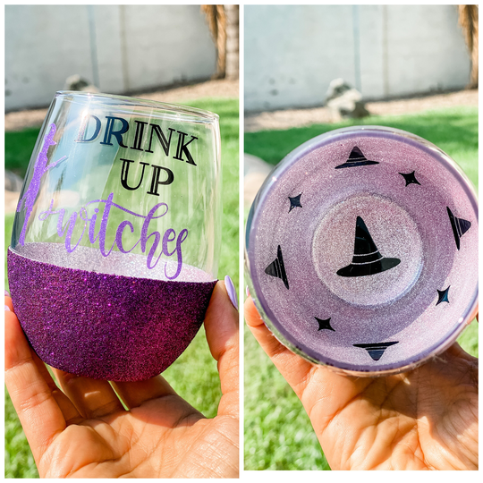 Halloween Wine Glass, Drink Up Witches, Witch Stemless Wine Glitter Halloween Gift, Ready To Ship