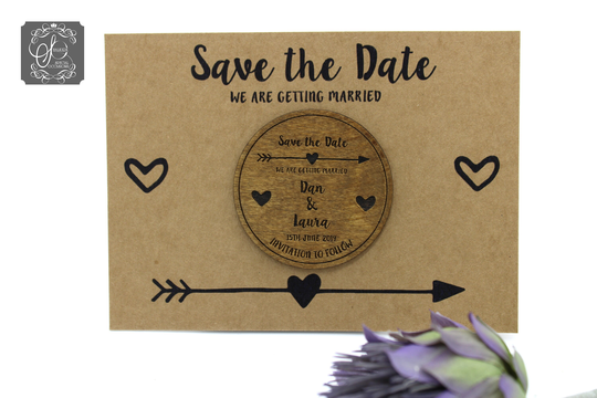 Wooden Save The Date Fridge Magnet With Arrow & Heart Details Brown Card