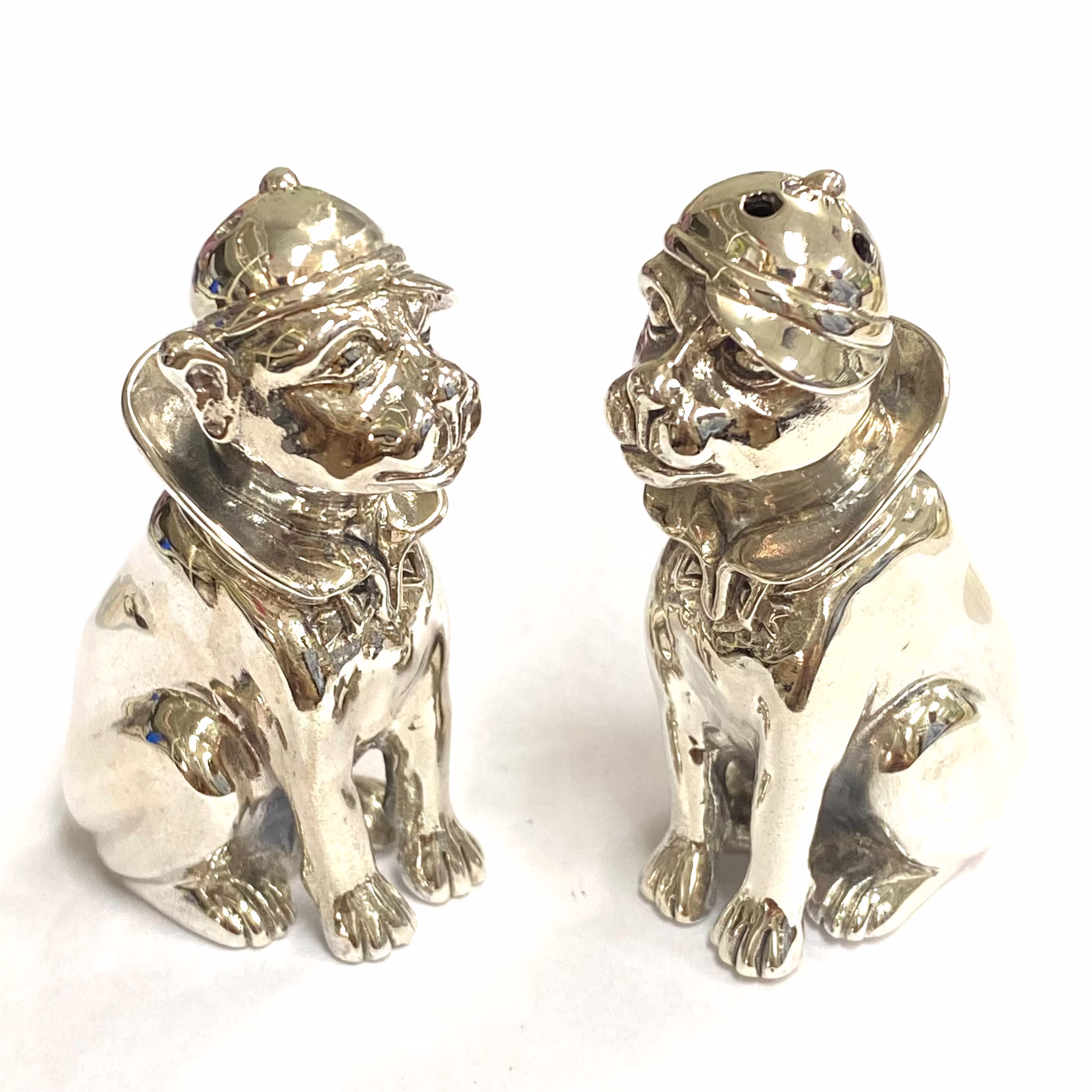 Novelty Sitting Dogs Wearing Hat Pair Salt & Pepper Shaker Pots 925 Sterling Silver