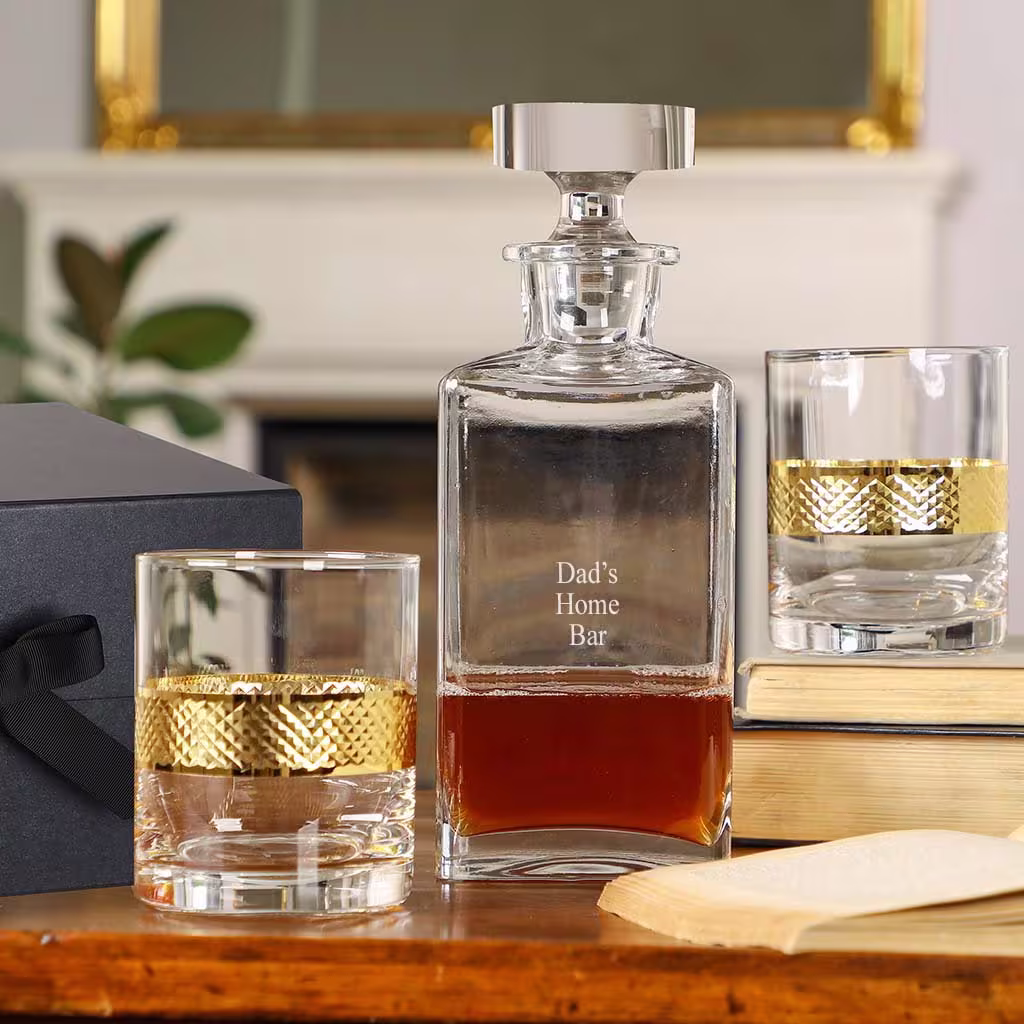 Decanter & Tumbler Gift Set Personalised Etched Whisky Brandy Carafe Jug With Gold Band Embossed Glasses 900Ml Anniversary Housewarming