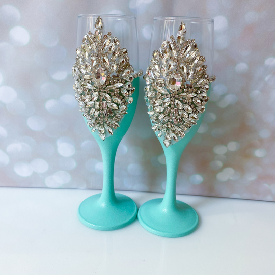 Wedding Champagne Glasses Diamond Bling Teal Turquoise Toasting Flutes Crystal Decor Bride & Groom Accessories