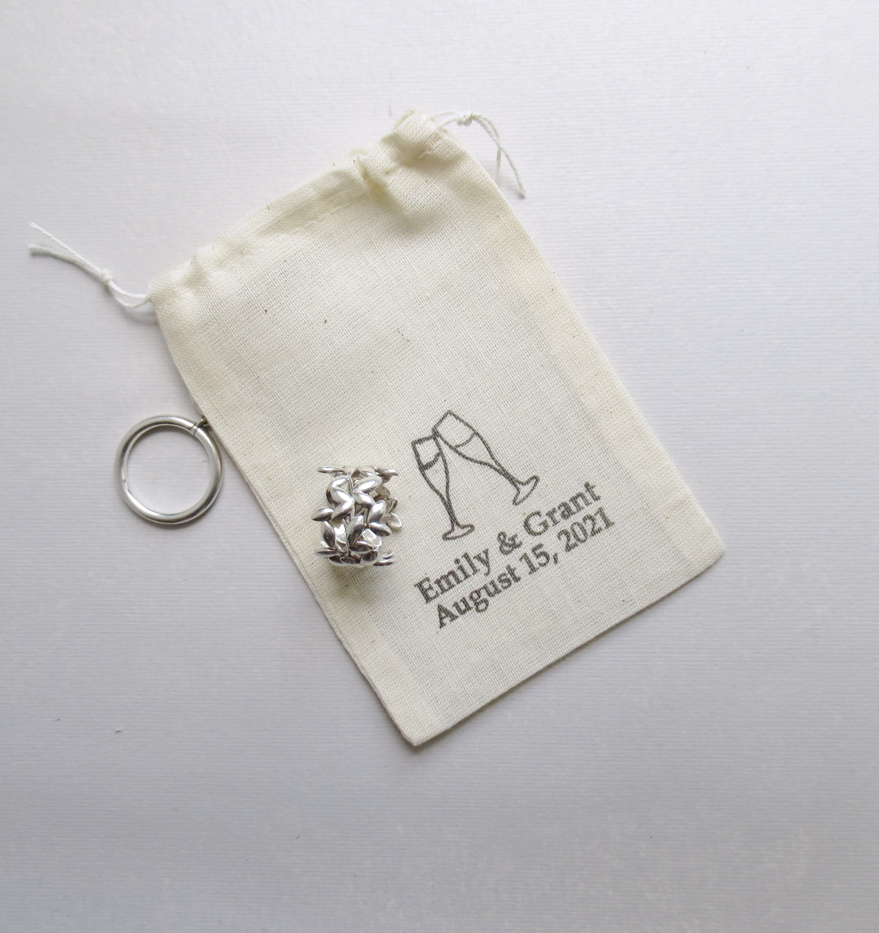 Personalized Wedding Ring Bearer Bag With Two Champagne Glasses Motif, Cotton Names & Date, Gift For Bride, Jewelry