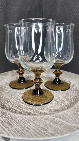 Vintage Elegant Clear Wine Glasses W/Smoked Brown Stems Set Of 3 6.5' Tall