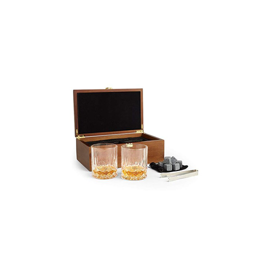 VonShef Whisky Glasses & Stones Gift Set - Chilling Stones Keep Drinks Cool with no Dilution - Includes Set of 2 Glasses, Stones, Wooden Gif