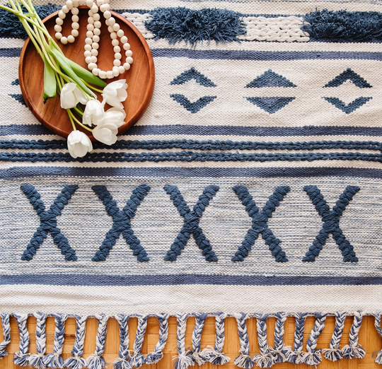 Handwoven Tassel Rug | Cotton Boho 3x5 Living Room Bedroom Blue White Small Coastal Farmhouse Nursery Kids